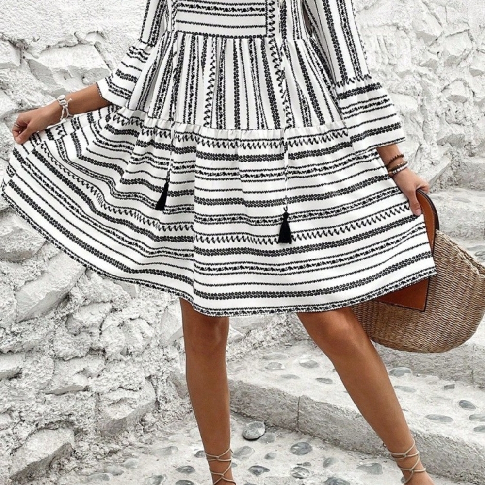Black and White Striped Dress with Tassels V Neck Bell Sleeve High Waist Mini
